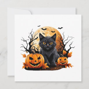 Black cat surrounded by pumpkins