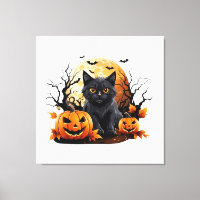 Black cat surrounded by pumpkins