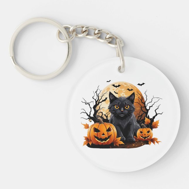 Black cat surrounded by pumpkins key ring (Front)