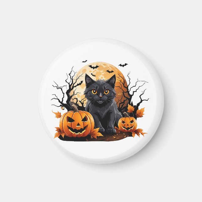 Black cat surrounded by pumpkins magnet (Front)