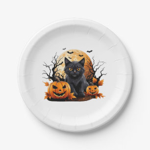 Black cat surrounded by pumpkins paper plate
