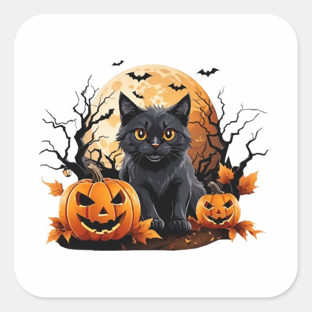 Black cat surrounded by pumpkins square sticker (Front)
