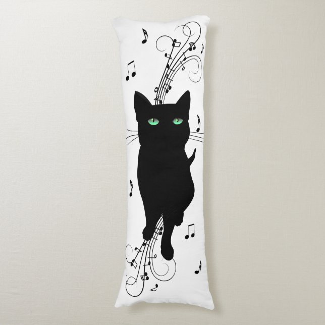 Black Cat Surrounded by Whispering Notes of Music Body Cushion (Front Vertical)