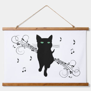 Black Cat Surrounded by Whispering Notes of Music Hanging Tapestry
