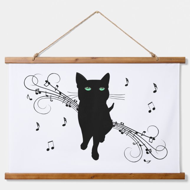 Black Cat Surrounded by Whispering Notes of Music Hanging Tapestry (Front)