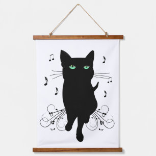 Black Cat Surrounded by Whispering Notes of Music Hanging Tapestry