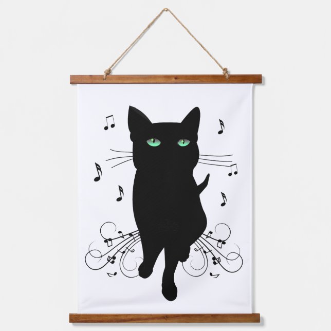 Black Cat Surrounded by Whispering Notes of Music Hanging Tapestry (Front)