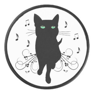 Black Cat Surrounded by Whispering Notes of Music Hockey Puck