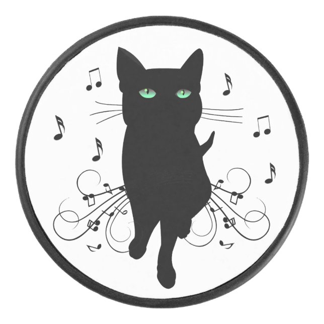 Black Cat Surrounded by Whispering Notes of Music Hockey Puck (Front)
