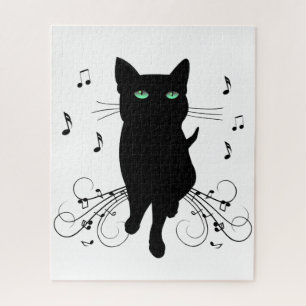 Black Cat Surrounded by Whispering Notes of Music Jigsaw Puzzle