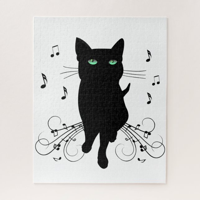 Black Cat Surrounded by Whispering Notes of Music Jigsaw Puzzle (Vertical)