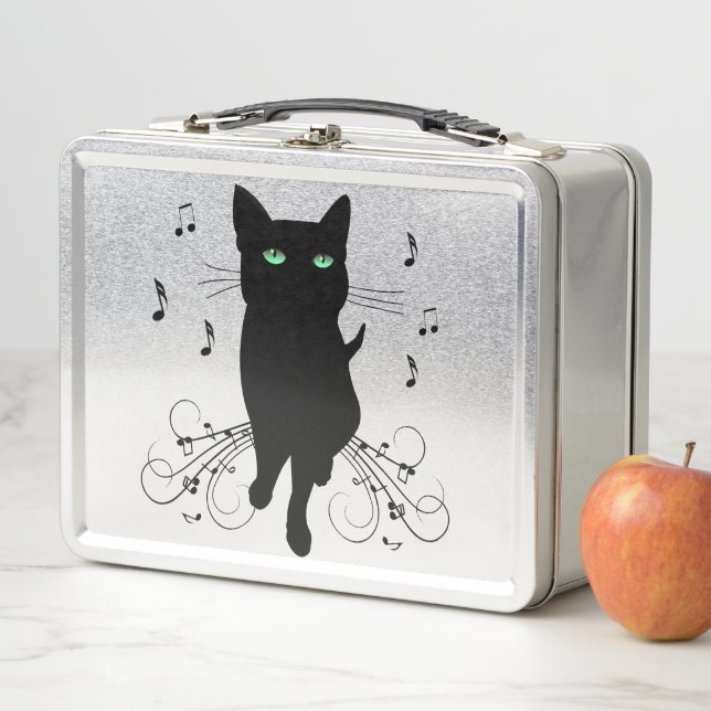 Black Cat Surrounded by Whispering Notes of Music Metal Lunch Box (In Situ)