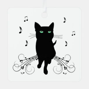 Black Cat Surrounded by Whispering Notes of Music Metal Tree Decoration