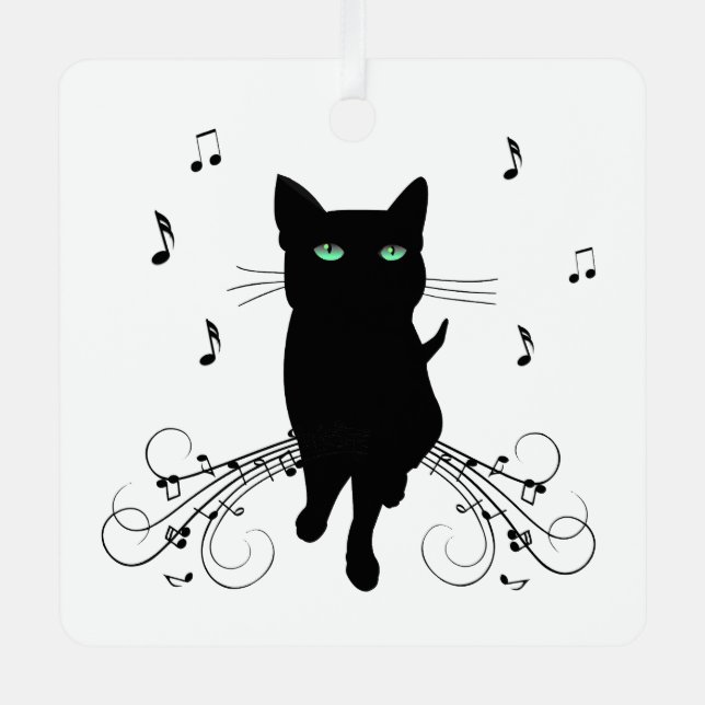 Black Cat Surrounded by Whispering Notes of Music Metal Tree Decoration (Front)
