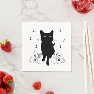 Black Cat Surrounded by Whispering Notes of Music Napkin