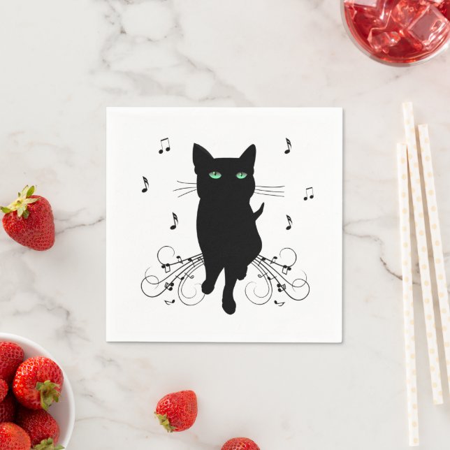 Black Cat Surrounded by Whispering Notes of Music Napkin (Insitu)