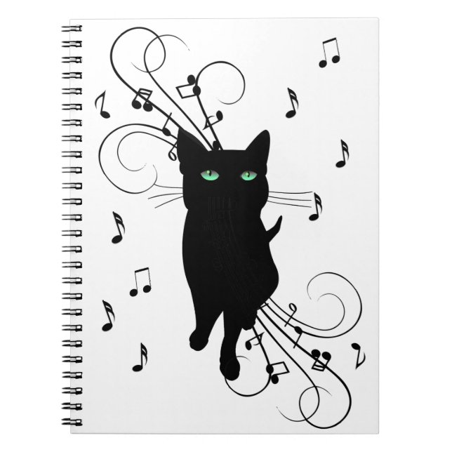 Black Cat Surrounded by Whispering Notes of Music Notebook (Front)