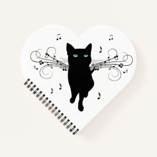 Black Cat Surrounded by Whispering Notes of Music Notebook
