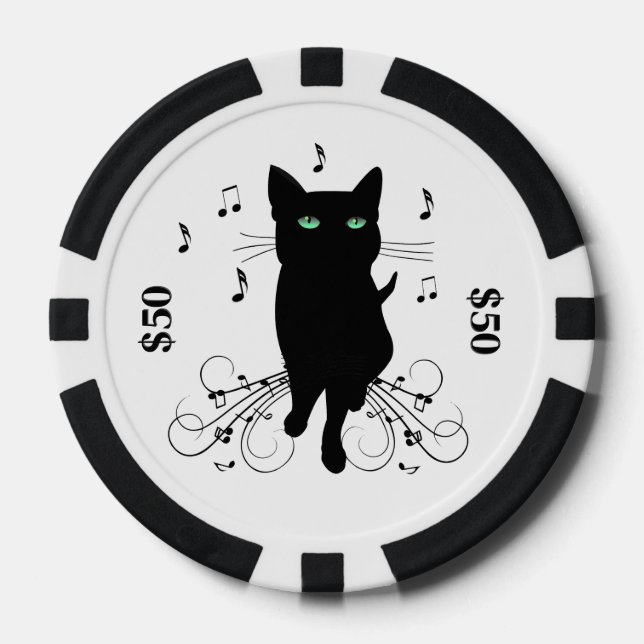 Black Cat Surrounded by Whispering Notes of Music Poker Chips (Front)
