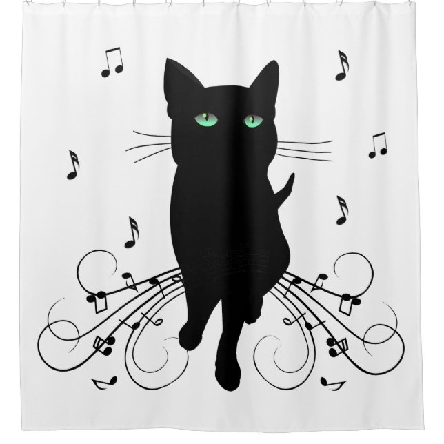 Black Cat Surrounded by Whispering Notes of Music Shower Curtain (Front)