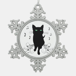 Black Cat Surrounded by Whispering Notes of Music Snowflake Pewter Christmas Ornament
