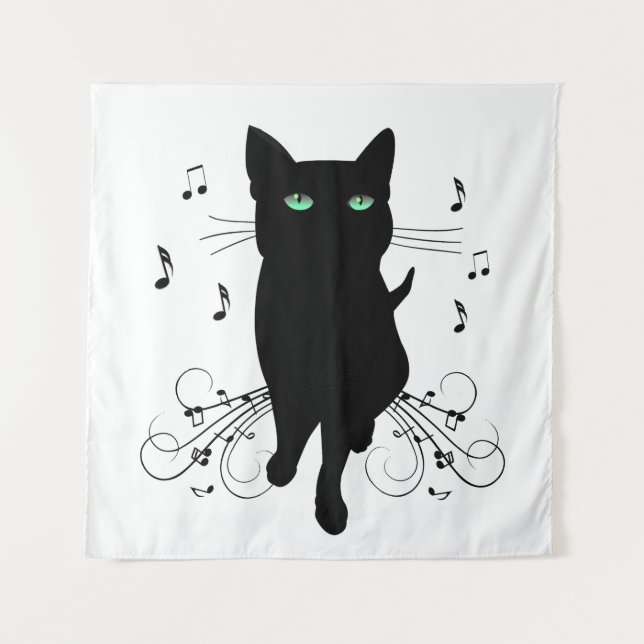 Black Cat Surrounded by Whispering Notes of Music Tapestry (Front)