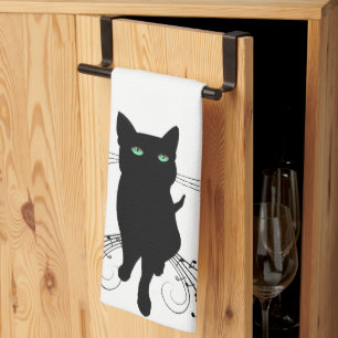 Black Cat Surrounded by Whispering Notes of Music Tea Towel