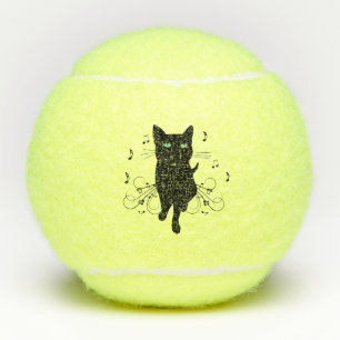 Black Cat Surrounded by Whispering Notes of Music Tennis Balls