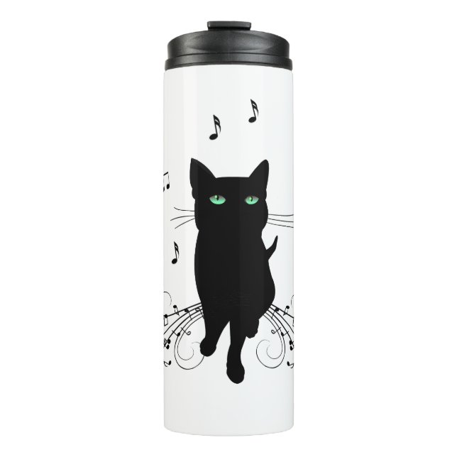 Black Cat Surrounded by Whispering Notes of Music Thermal Tumbler (Front)