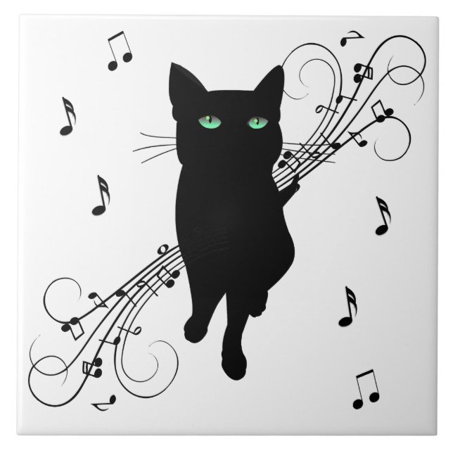 Black Cat Surrounded by Whispering Notes of Music Tile (Front)