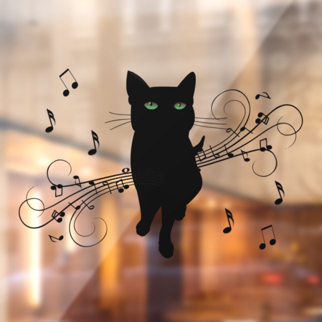 Black Cat Surrounded by Whispering Notes of Music Window Cling (Sheet 2)