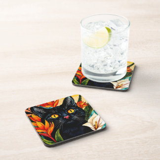 Black Cat Surrounded With Flowers Coaster