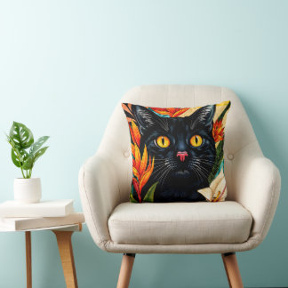 Black Cat Surrounded With Flowers Pillow