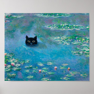Black Cat Swimming in Water Lilies Decoupage Art Poster