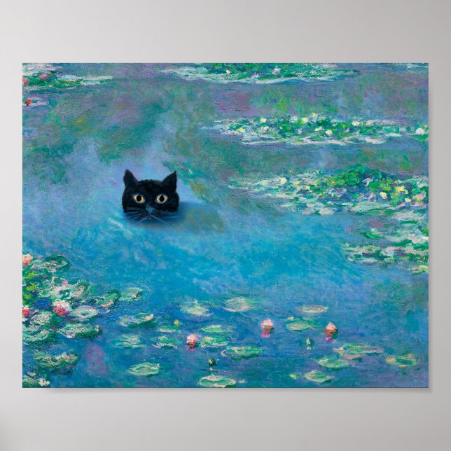 Black Cat Swimming in Water Lilies Decoupage Art  Poster (Front)