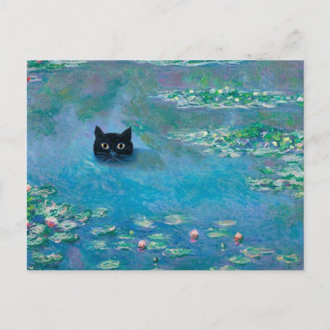 Black Cat Swimming in Water Lilies Decoupage Funny Postcard (Front)