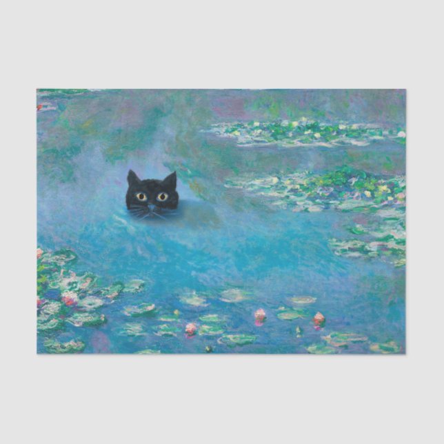 Black Cat Swimming in Water Lilies Decoupage Tissue Paper (Front)