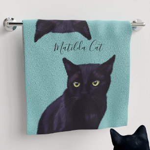 Black Cat Teal Personalised Pet Name Hand Towel