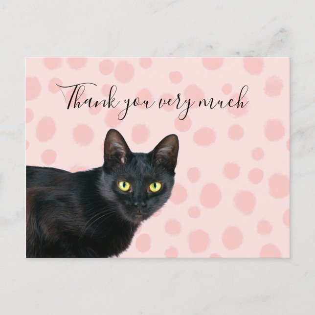 Black cat thank you very much on pink dots postcard (Front)