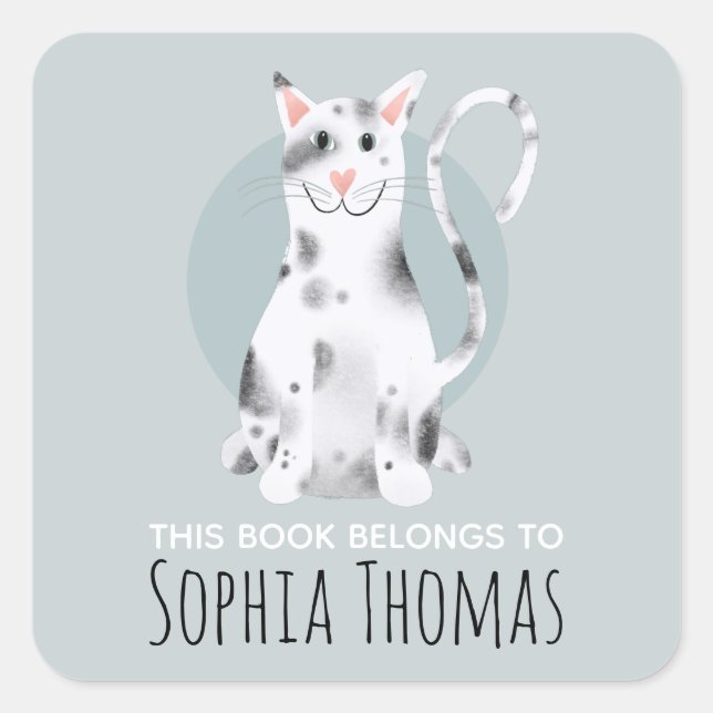 Black Cat This Book Belongs Name Kids Bookplate Square Sticker (Front)