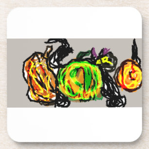 Black cat  three pumpkins coaster