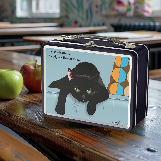 Black Cat Tired Blue Funny Metal Lunch Box (Creator Uploaded)