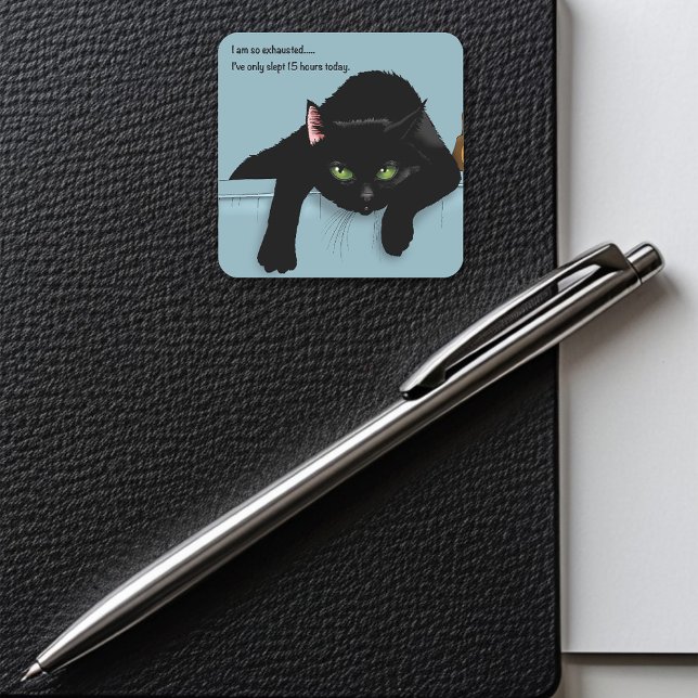 Black Cat Tired Blue Funny Square Sticker (Creator Uploaded)