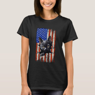 Black Cat Torn American Flag Vintage 4th Of July T-Shirt