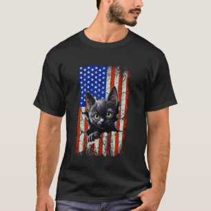 Black Cat Torn American Flag Vintage 4th Of July T-Shirt
