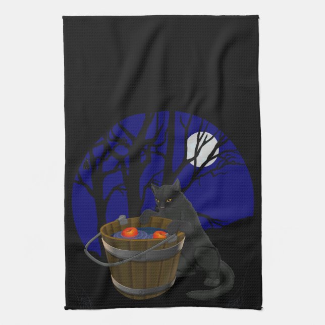 Black Cat Towel Spooky Halloween Cat Tea Towels (Vertical)