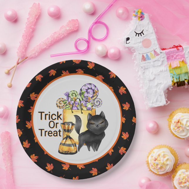 Black Cat Trick Or Treat  Paper Plate (Party)