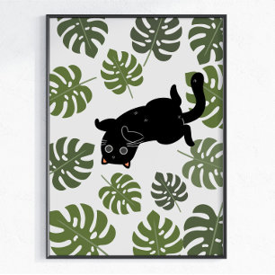 Black Cat Tropical Leaves Plant Lover Poster