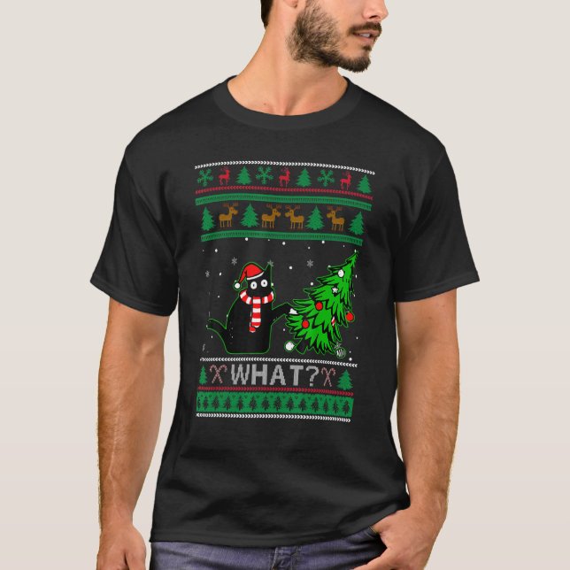 Black Cat Ugly Christmas Sweater Tree Over Cat Wha (Front)