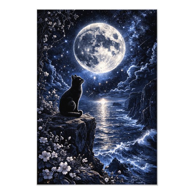 Black Cat Under Full Moon Ocean Night Fantasy Wall Photo Print (Front)
